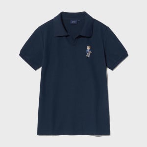 우먼즈 엠브로이더리 댄 퀵 드라이 피케 슬릿넥 셔츠 네이비