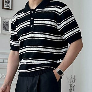 키작은남자 네슬로 스트라이프 카라 니트 반팔 티셔츠 여름 키작남