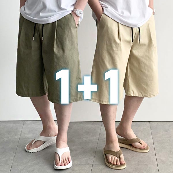 1+1 남자 린넨 반바지 여름 6부 7부 와이드 밴딩 고무줄 마 버뮤다 팬츠