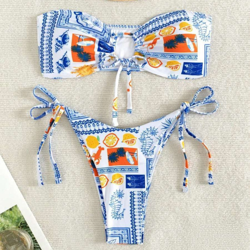 튜브탑 비키니 여성 투피스 여름 수영복 레이스업 프린트 디자인 체형커버 바캉스룩 휴양지룩 스타일링 해변가패션 유니크한 비치웨어