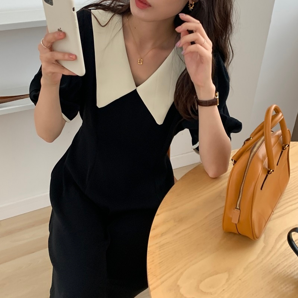 실사 브이넥 화이트 뽀족카라 퍼프소매 블랙 여름원피스