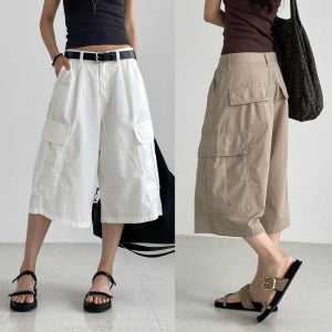 버뮤다팬츠 여자 여름 바스락 면 코튼 카고팬츠 흰 화이트 7부 와이드 롱스탭 카고버뮤다