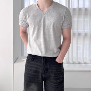 남자브이넥반팔티 무지티셔츠 20수반팔 흰색면티