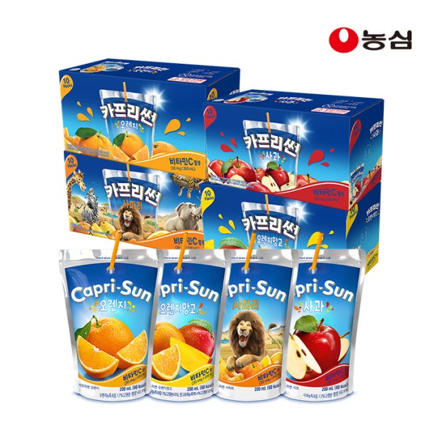 농심 카프리썬 200ml 각10개 총40개 (오렌지 ,사파리 , 사과 , 오렌지망고 )