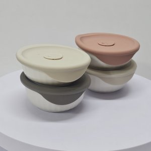 바로한끼 도자기 밥용기 4P세트 355ml+450ml 실리콘 스팀홀 전자렌지용 냉동밥 용기