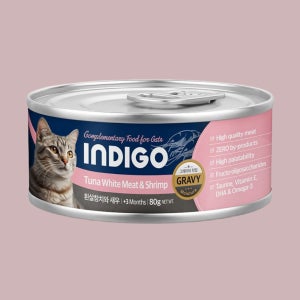 인디고 캣 고양이 습식간식캔 그레이비 흰살참치+새우, 80g, 1개