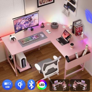 월로덴 L형 컴퓨터 책상 게이밍 책상 ㄱ자 1인용 데스크 150x120x60x75CM, 탄소섬유핑크(LED+BT무선충전)