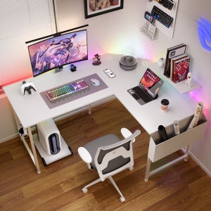 월로덴 컴퓨터 책상 게이밍 고등학생 중학생 ㄱ자 1인용 데스크 코너 책상 150x120x60x75CM, 탄소섬유화이트(LED+BT무선충전)