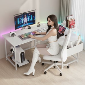 월로덴 L형 컴퓨터 책상 게이밍 책상 ㄱ자 1인용 데스크 150x120x60x75CM, 탄소섬유화이트(LED+BT무선충전)