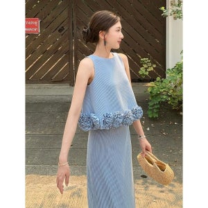 LF 블루 스트라이프 여름 원피스 롱 니트 사진색 모델버전 2피스 세트