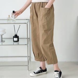 여자 여름 포켓 8부 면바지 주름 허리밴딩 시원한 편안한 카고 와이드 넓은 데일리 캐주얼