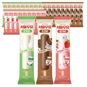 서울우유 아이스크림 바 파인트 밀크쉐이크 우유바10,초코바10,딸기바10, 65ml, 30개