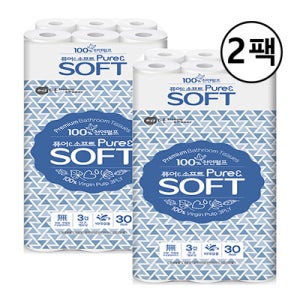 퓨어앤소프트 천연펄프 3겹 화장지 18m 30롤X2팩 무형광 두루마리 물에잘녹는 롤휴지