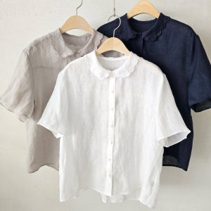 여름 깔끔한 여성 린넨100 꽃잎자수 반팔 블라우스(3컬러)