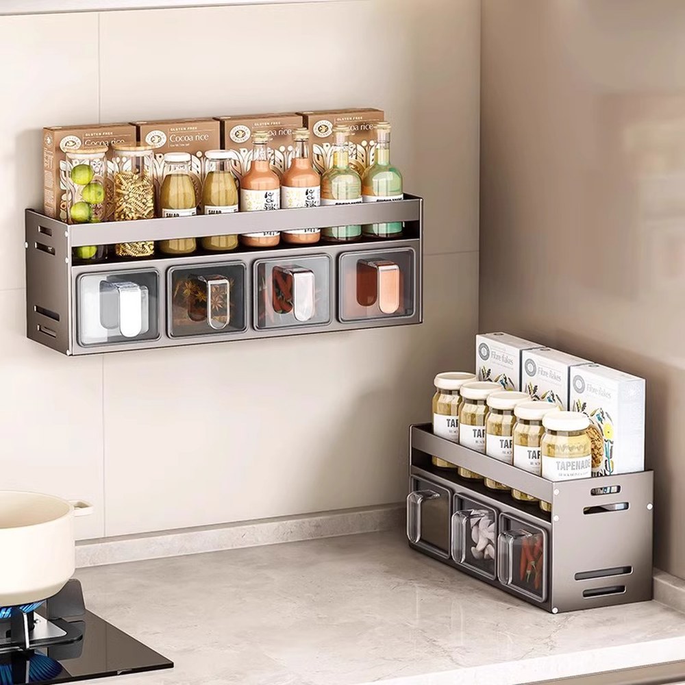 현대 미니멀리스트 주방 벽 박스 더블 알루미늄 랙 레이어 마운트 합금 스토리지 스파이스