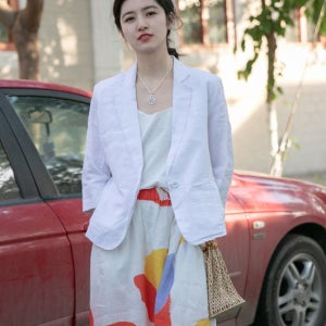 린넨반팔자켓 하객룩 블레이저 여름 브이넥 여자 화이트