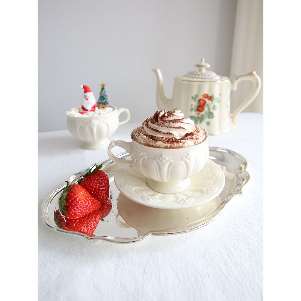 <b>프랑스</b> 정원 빈티지 크림 양각 세라믹 커피 세트 카페 프렌치 가든 릴리프 커피 컵 + 접시