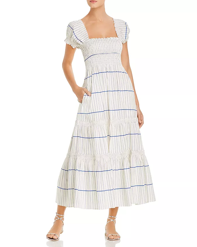 토리버치 스모크드 드레스 SMOCKED DRESS, IVORY BLUE STRIPE