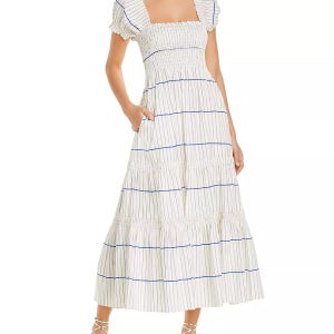토리버치 스모크드 드레스 SMOCKED DRESS, IVORY BLUE STRIPE