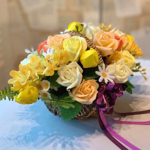 꽃바구니옐로우(중) 비누꽃다발 발표회 승진축하 돌잔치 스승의날 어버이날 개업식꽃바구니