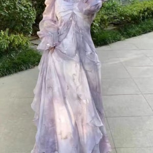 공주풍 오프숄더 봄 데이트 비치웨어 휴양지룩 하늘하늘 여신 보라색 롱 원피스