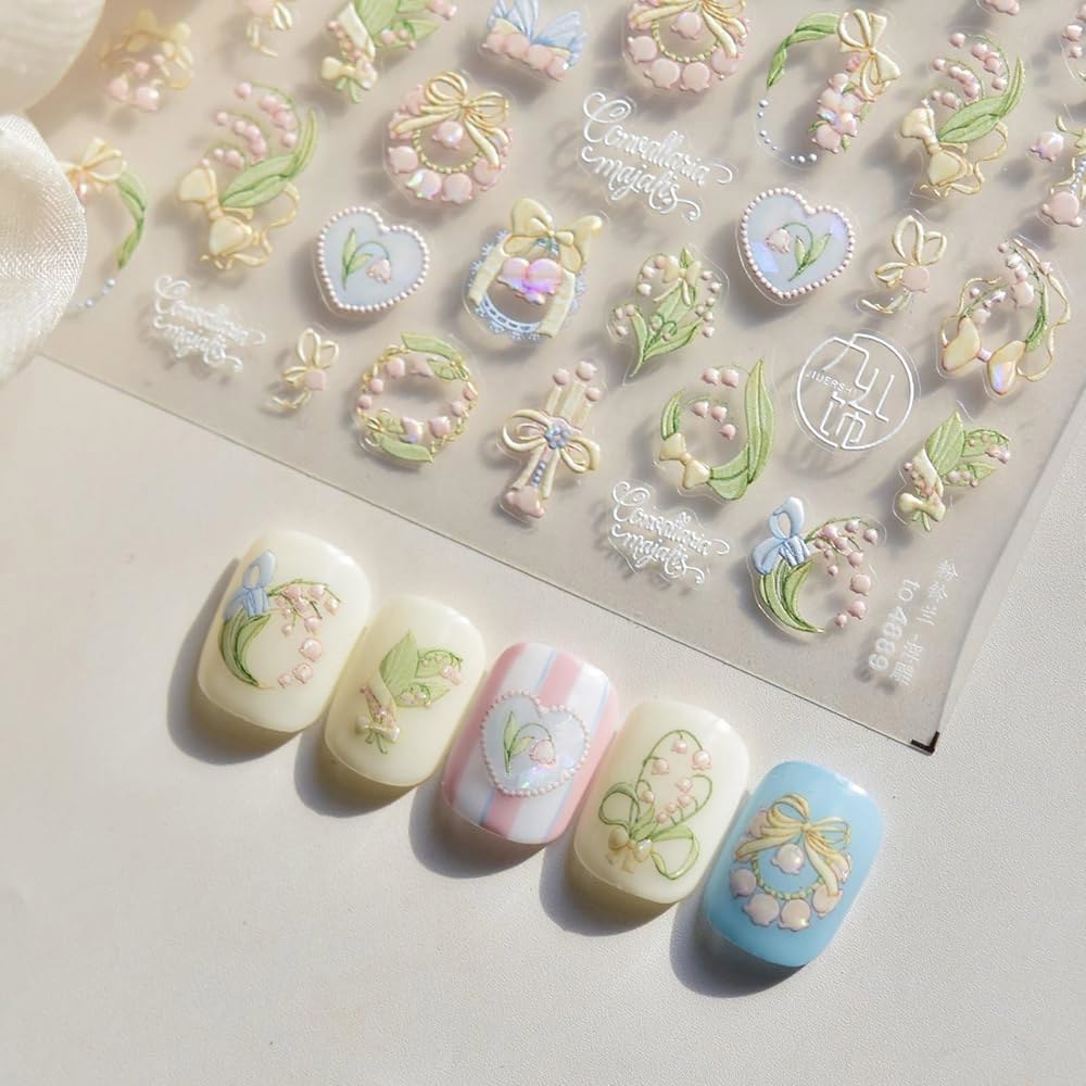 플라워 네일 아트 스티커 5D 엠보싱 릴리 오브 더 <b>밸리</b> 귀여운 활 하트 자가 접착 디자인 <b>스프링</b> 용품 여성 아트용 플로럴 매니큐어 슬라이더 Color1