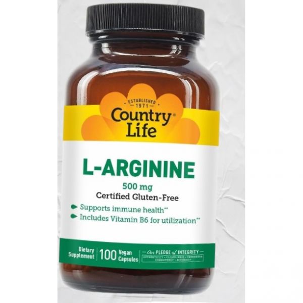 <b>컨트리 라이프</b> L<b>아르기닌</b> 캡슐 비타민B6 함유 500mg 100개 비건 인증