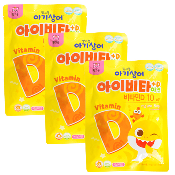 아기상어 아이비타+D 아연 40정 x 3개, 흡수율이 높은 비타민D 뼈<b>건강</b> UP 면역력 UP