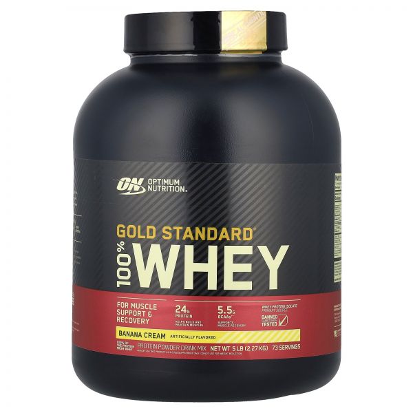 <b>Optimum NutritiON</b> 온, 100% 유청 골드 스탠다드, 바나나 크림, 5 lbs (2.27 kg) 259929 2267 g