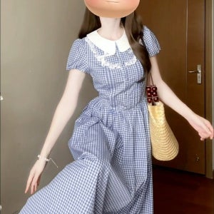 여름 공주풍 퍼프 소매 블루 잔체크 슬림핏 허리라인 레트로 빈티지 A라인 롱 원피스