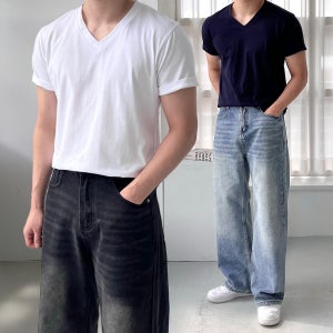 1+1 남자브이넥반팔티 무지티셔츠 20수반팔 흰색면티