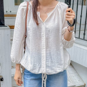 린넨 7부 퍼프 라운드넥 남방 밑단스트링 여성 빅사이즈 화이트