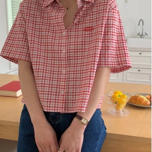 탑시 잔체크 포인트자수 여름 남방 지지미 프리사이즈 물세탁 크롭오버핏 반팔셔츠 국내제작
