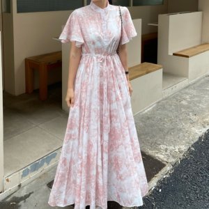 프렌치 여름 스탠드칼라 프린트 원피스 수입 명품 캐쥬얼 데일리 휴가 드라마 연예인 원피스