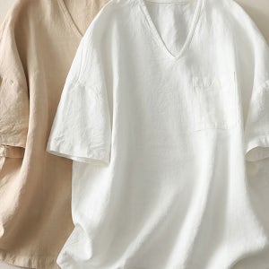 여성 리넨 V넥 반팔 셔츠블라우스 캐주얼 루즈핏 여름반팔티 남방 일상룩 휴가룩 캠핑룩 빅사이즈