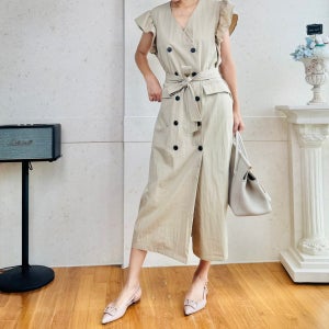 사라도즈 여름 하객룩 원피스 브이넥 데일리 오피스룩 베이지 롱 원피스