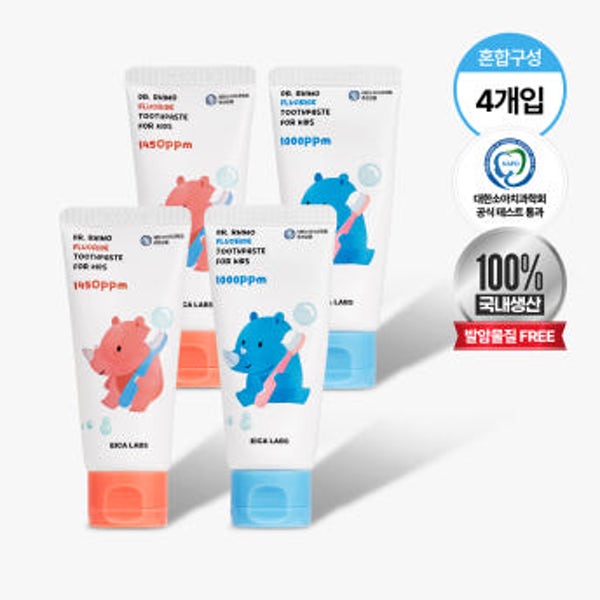 [4개 반반혼합] 에이카랩스 어린이치약 코뿔소치약 불소 고불소 유아 아기 초등학생 주니어 60g