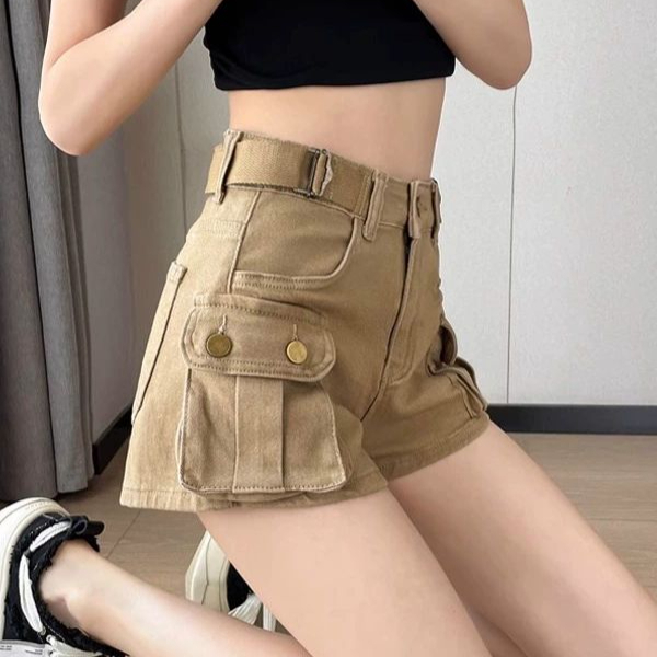 여성 반바지 카고 쇼츠 핫팬츠 여름 포켓 팬츠 캐주얼 짧은 하이웨스트 건빵바지 연한 갈색 카키