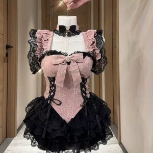 키작녀 섹시 공주풍 미니 코르셋 지뢰계 멘헤라 서브컬쳐 일본 패션 자카드 A라인 퍼피 핑크블랙 원피스