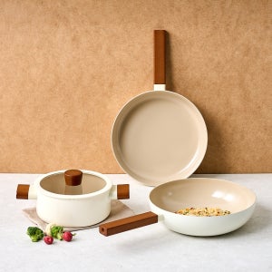 [모던하우스] 크림 다크우드 세라믹코팅 냄비프라이팬 3P세트