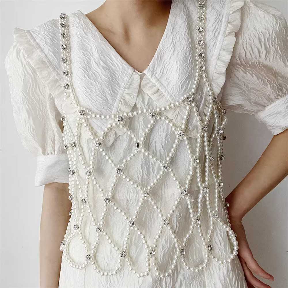 진주 뷔스티에 조끼 베스트 액세서리 드레스 스커트 장식 진주구슬 그물 뜨개 크롭 하얀색