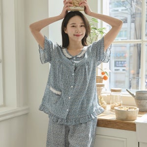국산 레이온 여성 여름 반소매 5부바지 상하 파자마세트 잠옷 홈웨어 이지웨어 오로라꽃 블루
