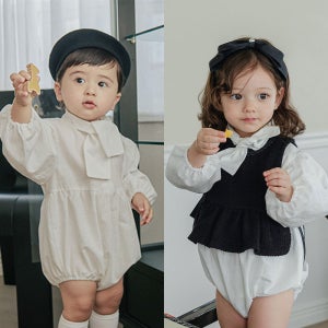 타이 리본 남아 바디슈트 여아 백일 돌 세련된 아기옷 잔치 선물