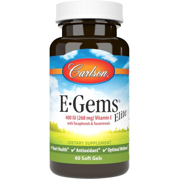 칼슨 - E-젬스 <b>엘리트</b> 400 IU <b>비타민 E</b> 토코페롤 및 토코트리에놀 함유 심장 건강 최적의 증진 항산화제 60 소프트젤