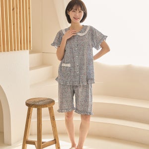 국산 순면 여성 여름 반소매 5부바지 상하 파자마세트 잠옷 홈웨어 이지웨어 비쥬플라워 민트