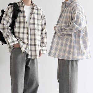 1+1 남자 체크 무늬 셔츠 가을 남방 오버핏 커플 긴팔 플란넬 난방