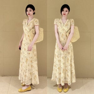 브이넥 플라워 플로럴 옐로우 롱 반팔 여름원피스 비치바캉스 휴양지 데일리룩