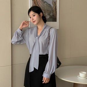 여성 하객룩 루즈핏 브이넥 쉬폰 실크 가을 타이 블라우스 빅사이즈 7color 44-99