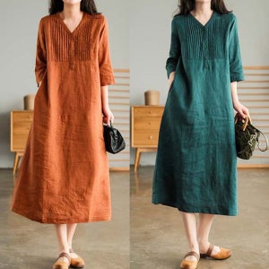 4컬러 여자 롱 원피스 코튼 면 린넨 여성 7부 소매 여름 편안한 편한 데일리 룩 30대