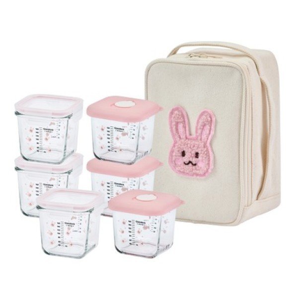 국내백화점 글라스락 이유식용기 베이비X비비엔다 눈금 이유식 용기 270ml 혼합 6조 보냉백 세트 핑크버니에디션 자기주도 BK파우치증정